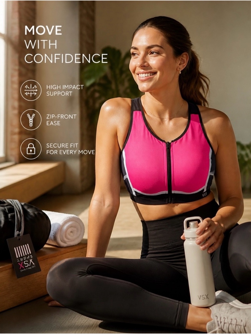 Victoria's Secret Hot Pink and Black Front-Zip Sports Bra